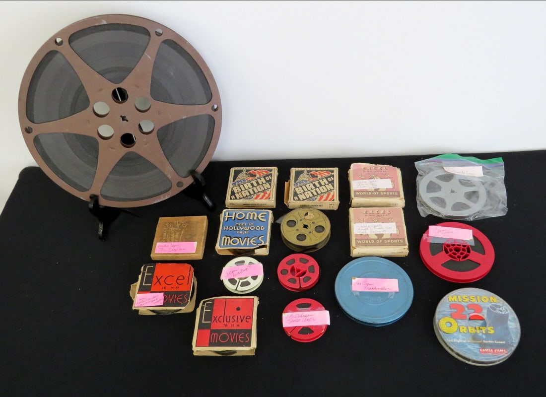 A Lot of 1940's-50's 8mm & 16mm Films: Lot of old films including full length 8mm movie theatre film - Hollywod Scout - from 1945, along with a grouping of 16mm boxed films with a variety of topics. Most are labeled from the estate as to w