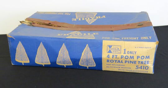 1950's Alcoa Aluminum 4 Ft Pom-Pom Royal Pine Silver Christmas Tree In The Box