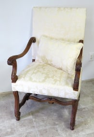 A French Walnut Louis XV Carved Throne Style Armchair w/Ivory Upholstery