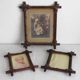 A Trio of Victorian Adirondack/Tramp Art Style Carved Picture Frames