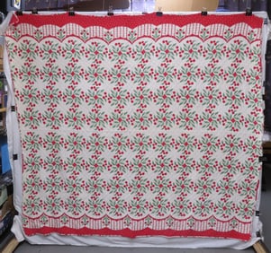 Antique Early Machine Stitch Holly Berry Pinwheel Quilt