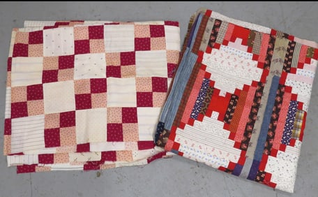 Two Antique Quilt Toppers - Log Cabin & Checkerboard