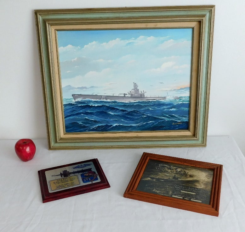 WWII Sub USS Redfin O/C by Stephen Petreshock: An original oil on canvas by Mantowock, WI artist Stephen Petreshock, measuring 26" x 21.5" framed. Accompanied by two commemorative plaques associated with the sub. The Redfin was a decorated submari