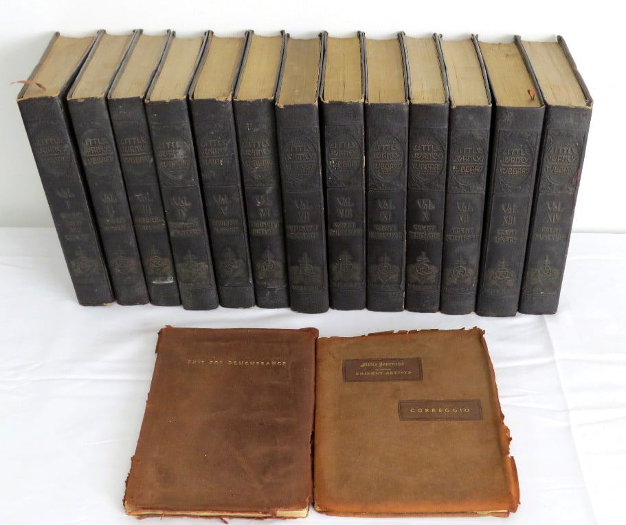 Elbert Hubbard Signed Volume Corregio, plus 13 Volumes Little Journeys & More.: Roycrofters founder Elbert Hubbard Leather Bound Set of 13 (Vols 1-8, 10-14), plus an Elbert Hubbard signed copy of Corregio, #367 of 940 published in the traditional raw edge leather bound style of t