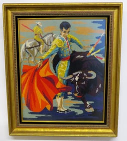 A Large  Mid-Century Spanish Bull Fighter In The Ring Needlepoint