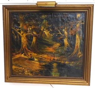 A 19th C. O/C of Young Boy With Dog in Heavy Woods