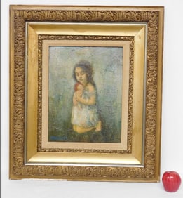 19th C. O/C of Young Girl Clutching Doll