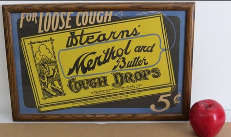 Early 20th C. Stearns Menthol Cough Drops Framed Sign Medicinal Advertising