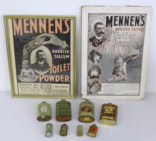 Early Advertising Talcum Powder Lot Signs & Tins