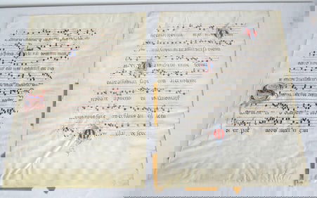 Two 14th-16th C. Antiphonary Vellum Manuscript Leaves, Italian