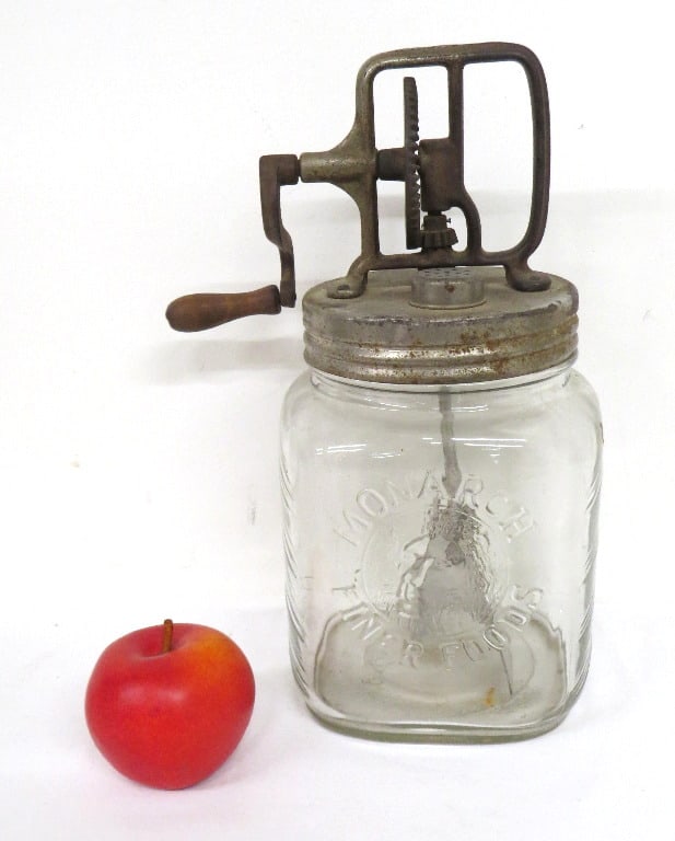 Monarch Embossed Lion Kitchen Churn Early 1900's: Wonderful Monarch brand embossed kitchen churn w/lion, all original, stands 12.5" height. Note - This lot can be shipped in-house, you do not have to use the LiveShipping program.