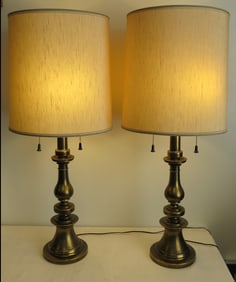 Pair of MCM Brass Stiffel Lamps With Original Shades.