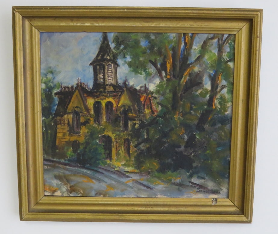 MCM Impressionist Oil on Board - Fitch Bluestone Building Rondout NY Ex IBM: A painting by an artist Silvero Davis, c.1950 depicting the old Fitch bluestone building at 532-74 Abeel Street in the Rondout Section of NY. The initial start of the now world known Abercrombie & Fit