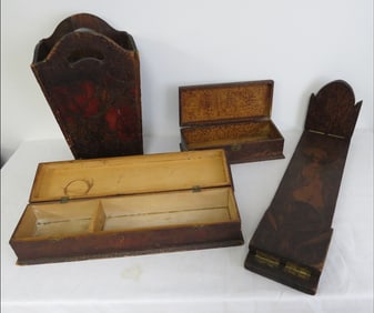 4pc Art Nouveau Era Pyrography Basket & Glove / Storage Boxes