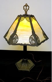 Arts & Crafts Era 6 Panel Slag Glass Table Lamp