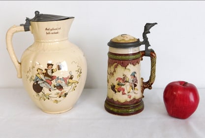 Two Mettlach Steins - Gnomes Drinking 2332/1031 & Gnomes Cavorting #2184.