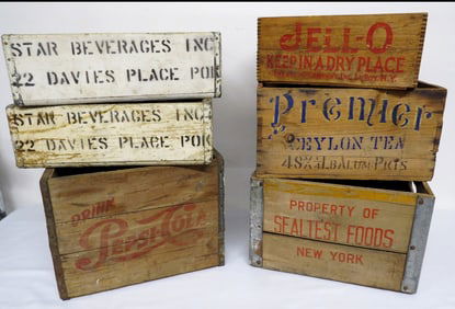 Six Old Wooden Soda & Food Advertising Crates