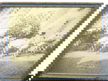 Large C. 1902 B&W Photograph Horses, Carriages & Lots of Men