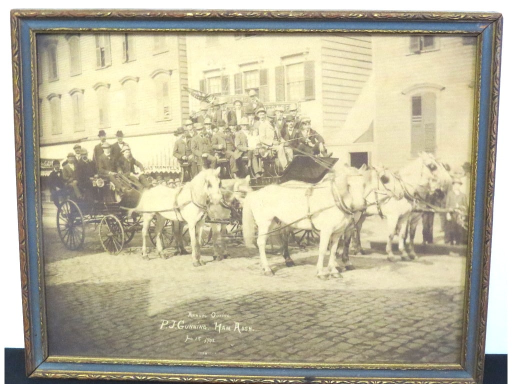 Large C. 1902 B&W Photograph Horses, Carriages & Lots of Men: Titled as the Annual Outing / P.J. Gunning Ham Assoc. / June 1902. Possible ties to Cleveland, OH with past directories listing a number of Gunning's as workmen and teamsters. The city also lists a Gu