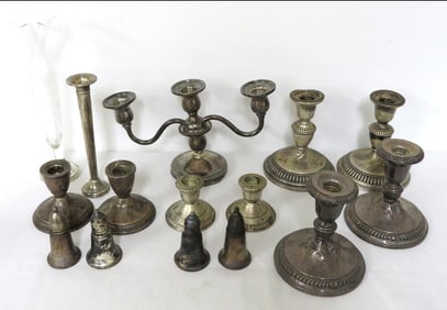 Weighted Sterling Candlesticks, Salt & Pepper Shakers