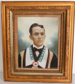19th C. Hand Colored Portrait Of A Gentleman In Masonic Lodge Vestments Or Robes