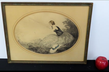 After Louis Icart Art Nouveau Print Woman Fishing
