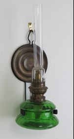Antique Kosmos Brenner Green Glass Wall Sconce Oil Lamp