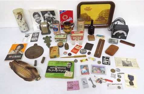 A Wide Variety of Collectibles - Great Reseller's Lot: A varied table lot of collectibles including: advertising items, coca cola, tobacco, snuff, etc. to tokens/coins, ephemera, Pete Rose baseball cards, sporting items, games, etc. A nice resellers lot N
