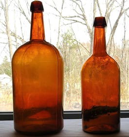 Two Orangey Yellow Amber American Blown Demijohns - One w/Rare Base!