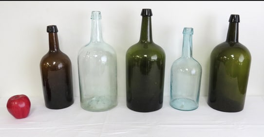 Lot of 5 good demijohns - iron pontil, colored & whittled