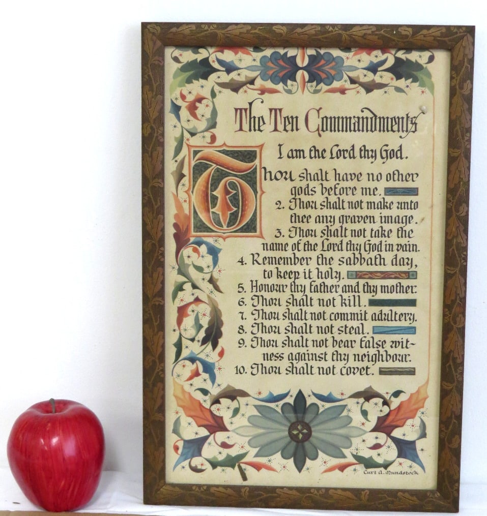 Curt A. Mundstock (1891-1966) Arts & Crafts Era 10 Commandments: A Curt A. Mundstock (1891-1966) Art Nouveau styled illustration of the 10 Commandments. Known as a manuscript illustrator, it is set in its original oak leaf decorated frame, bright & colorful. Measur