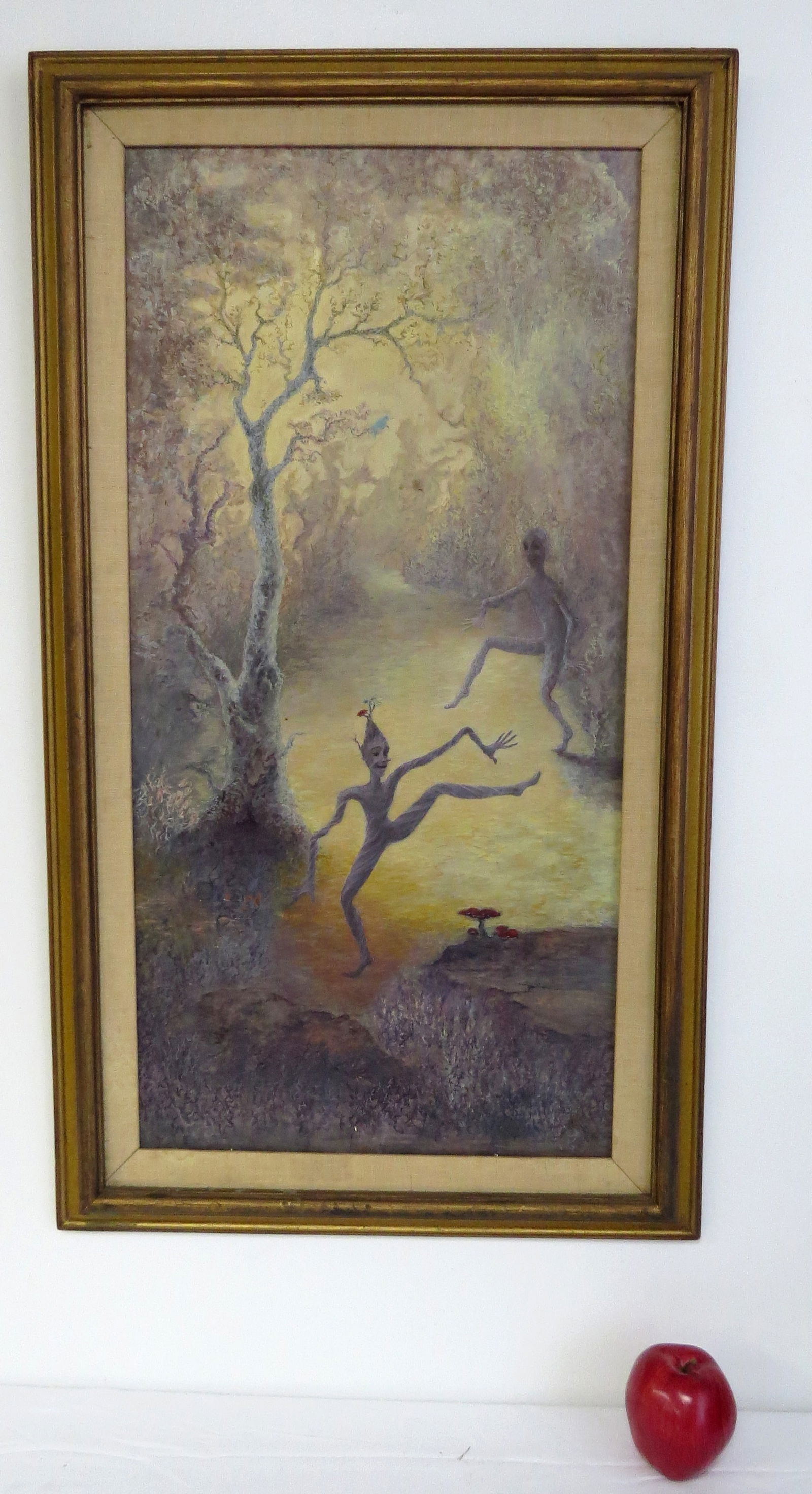 Mid-Century Woodland Fairies Acrylic on Masonite: A very strange yet somewhat alluring painting depicting two woodland like fairies dancing in the wood, with a small bluebird in the branches and a prominent small red mushroom in the foreground. Unsig