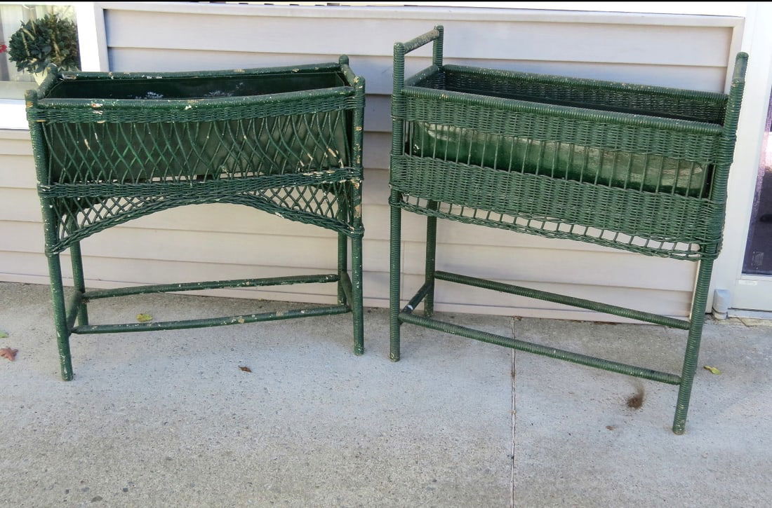Pair of Victorian Wicker Rectangular Porch Planters in Green (1 of 6)