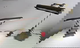 Two Industrial Mid-Century Gooseneck Desk Lamps by Razor & Flexo: Two Art Deco to Mid-Century gooseneck desk lamps, one by Dazor in a champagne pink finish (working), the other an Art Specialty Co. Flexo model that may need a new starter or possibly just bulbs, we c