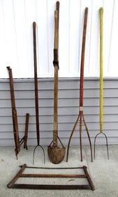 Group of Antique Country Farm Tools - Hay Forks, Post Hole Digger & More