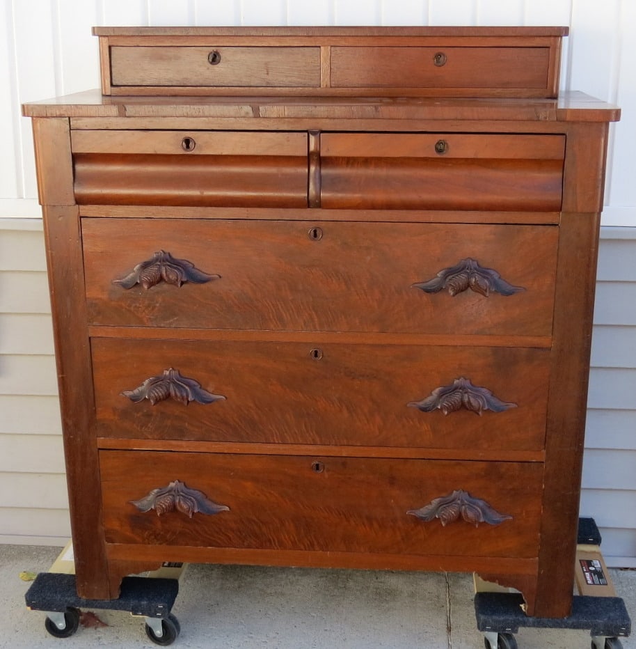 Mid-19th C. Mahogany Chest From Rondout, NY: A mid-19th C. era 7 drawer chest marked on the reverse by the original retailer in Rondout, NY - P.J. Nachmeyers. Chest measures 41" wide, 44.5" height and 19.5" depth. Original pulls, and key. Minor 