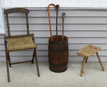 Lot of Antique Country Small Furniture - Milking Stool, Carpet Stool, Canes, Etc.