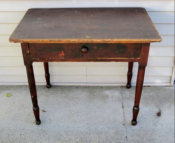 19th C. One Drawer Primitive Desk / Work Table In Old Red Finish