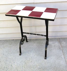 Red & White Tiled Top Wrought Iron Table / Plant Stand