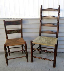 Pair of Early Country Chairs in Rush and Macrame