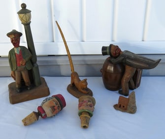 A Group of Carved Wooden Figures, Cigarette Dispenser, Bar Caddy & More