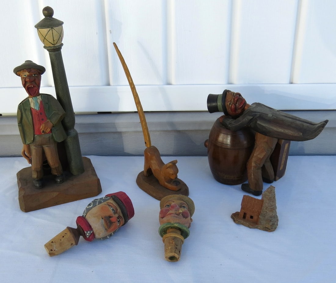 A Group of Carved Wooden Figures, Cigarette Dispenser, Bar Caddy & More (1 of 12)