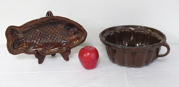 Two 19th C. Redware Molds - Fish and Pudding / Cake Mold