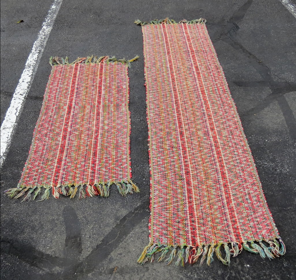 Pair Of Country Red And Green Rag Rugs, One Being A Long Runner: Pair of vintage country red and green rag rugs, one being a long runner measuring 96" long by 26" wide, the smaller rug 52" long, 26" wide.