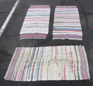 Trio Of Hand Loomed Vintage Country Rag Rugs In Bright Colors