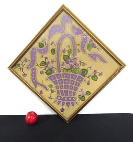 Early 20th C. Framed Purple Embroidery Basket of Violets