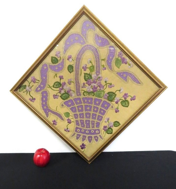 Early 20th C. Framed Purple Embroidery Basket of Violets (1 of 3)