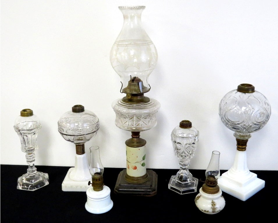 A Group of 19th C. Oil Lamps: A nice lot of 19th C. Oil Lamps of various styles and sizes, including an original copper wheel etched shade w/piecrust rim. A nice grouping. Note, this lot can be shipped in-house, you do not have to