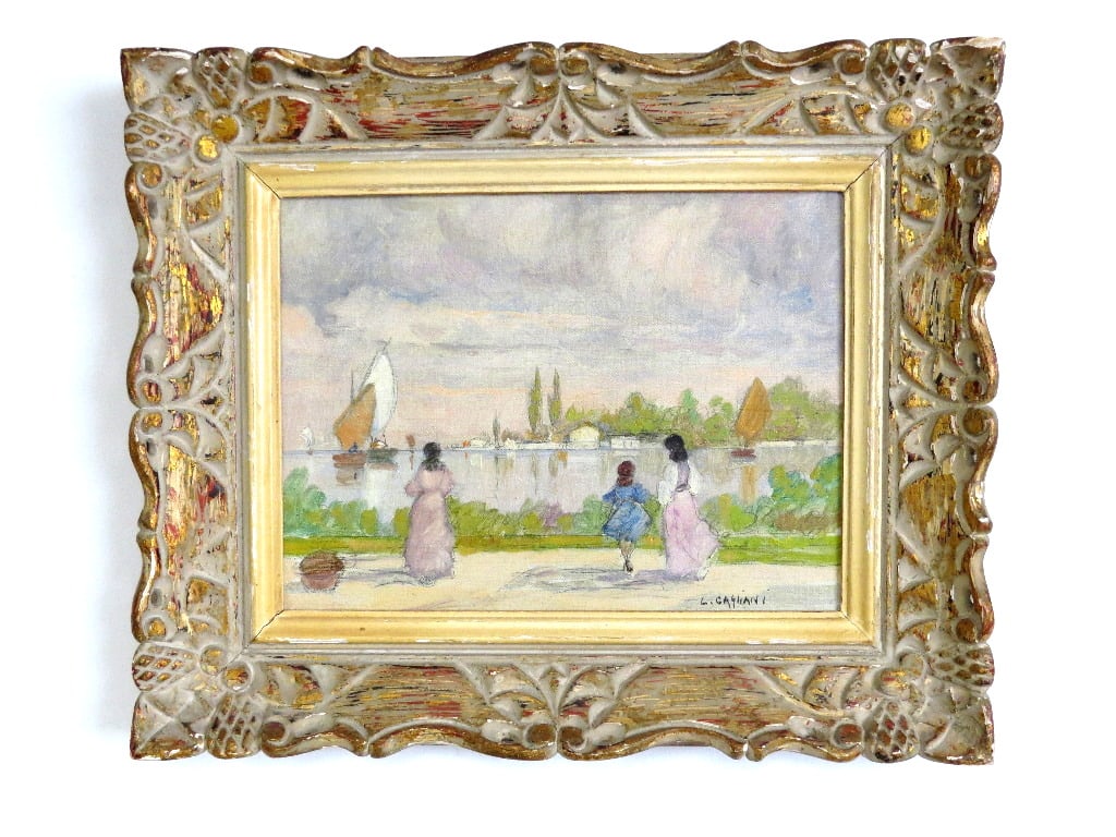 Luigi Cagliani (Italian, 20th C.) Impressionist O/C Scene Along The Water: Luigi Cagliani (Italian, 20th C.) Impressionist oil of bucolic stroll along the water on a sunny day with small sailboats idling by somewhere in Italy. Original framing, measures 19" x 14" framed, sig