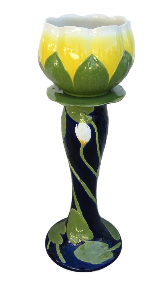 Rörstrand Art Nouveau Era Jardinière on stand by Georg Kristian Asplund: A Swedish majolica water lily jardinière and pedestal, early 20th C. glazed ceramic with a heavily glazed over RP/RORSTRAND/E1 impressed mark. Overall height 45" with jardinière: 12" x 15" dia and p
